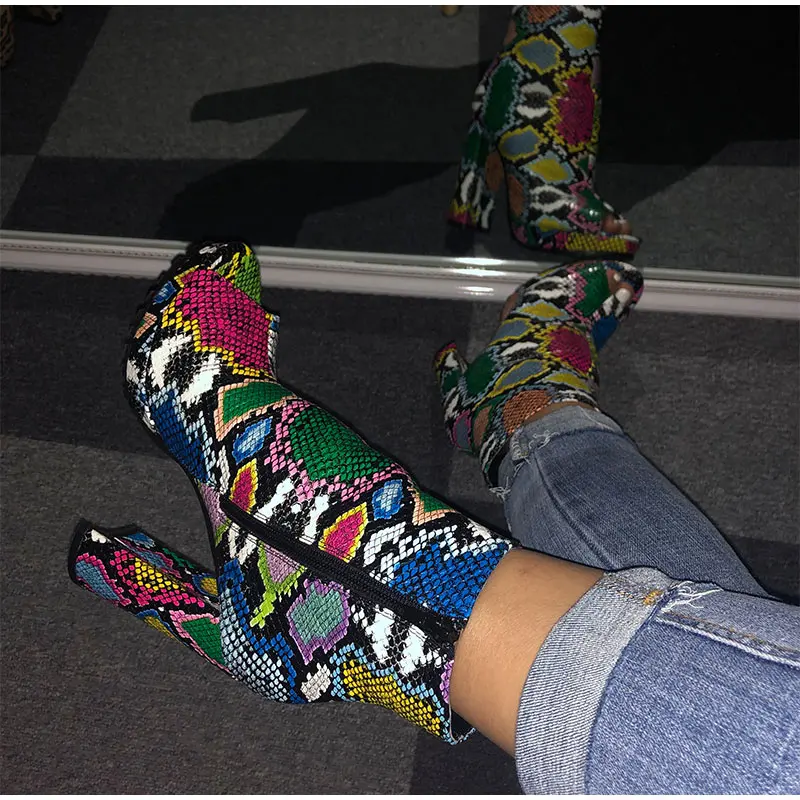 Women Zip Peep Toe Ankle Boots Autumn New Ladies Snakeskin Starry Sky Platform Thick High Heels Female Fashion Fur Sandals Shoes