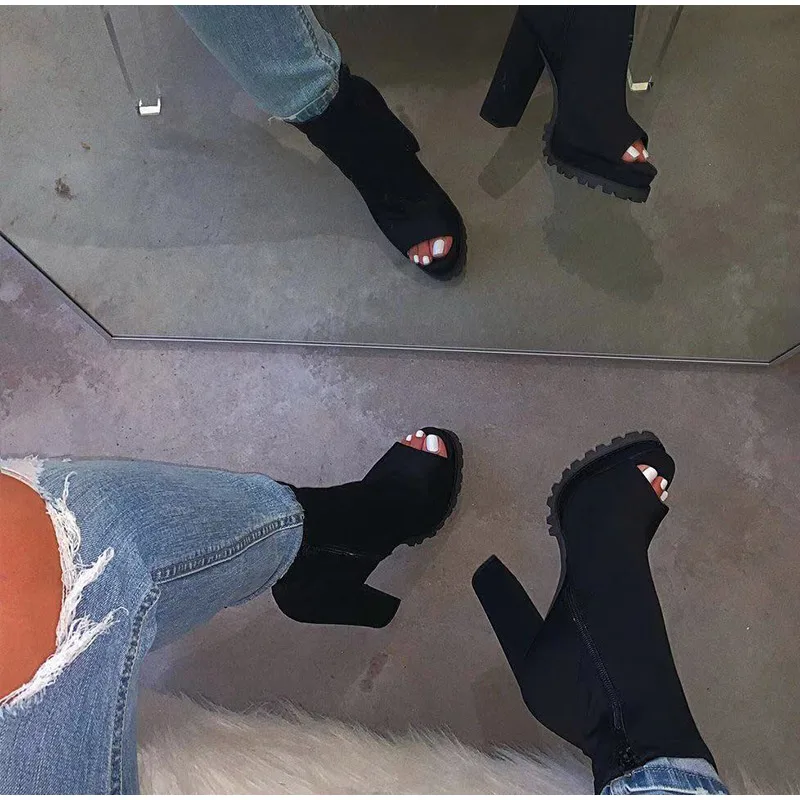 Women Zip Peep Toe Ankle Boots Autumn New Ladies Snakeskin Starry Sky Platform Thick High Heels Female Fashion Fur Sandals Shoes