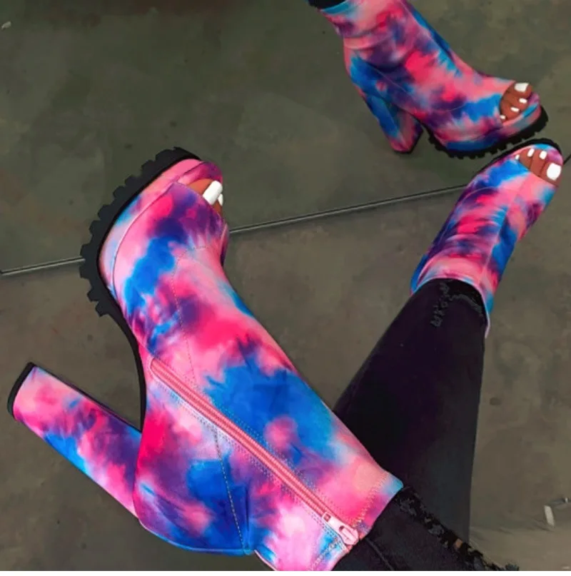 Women Zip Peep Toe Ankle Boots Autumn New Ladies Snakeskin Starry Sky Platform Thick High Heels Female Fashion Fur Sandals Shoes