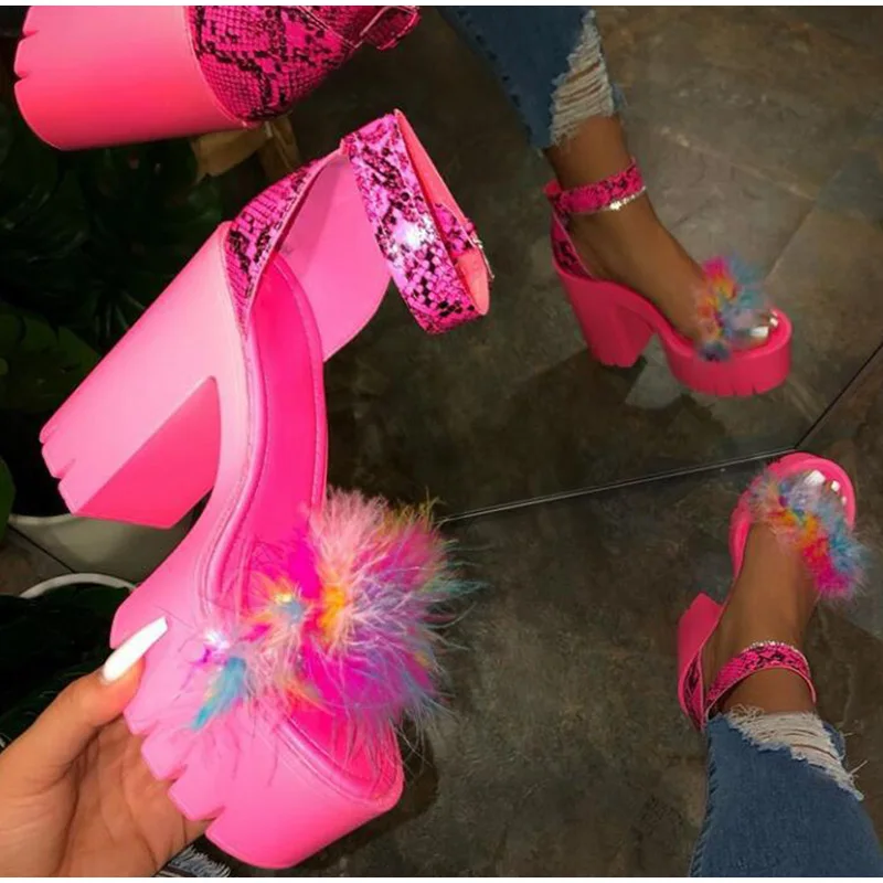 Women Zip Peep Toe Ankle Boots Autumn New Ladies Snakeskin Starry Sky Platform Thick High Heels Female Fashion Fur Sandals Shoes