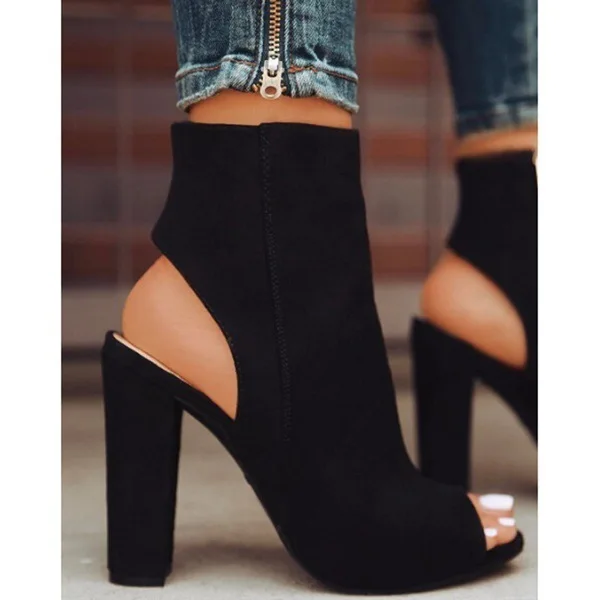 Ankle Boots Faux Suede Leather Casual Open Peep Toe High Heels Zipper Fashion Square Rubber Black Shoes For Women Plus Size 43