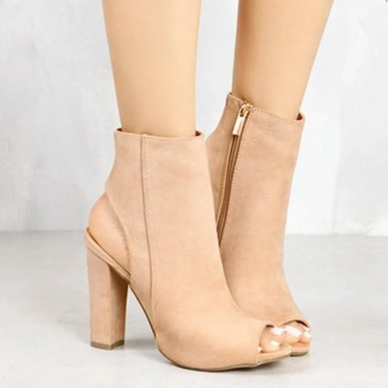 Ankle Boots Faux Suede Leather Casual Open Peep Toe High Heels Zipper Fashion Square Rubber Black Shoes For Women Plus Size 43