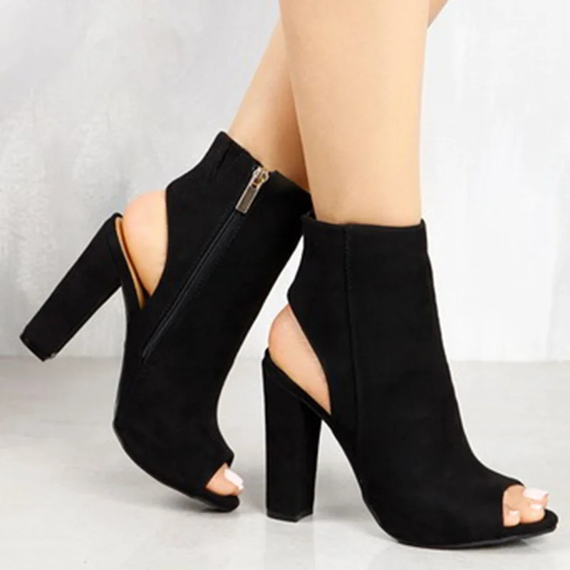 Ankle Boots Faux Suede Leather Casual Open Peep Toe High Heels Zipper Fashion Square Rubber Black Shoes For Women Plus Size 43