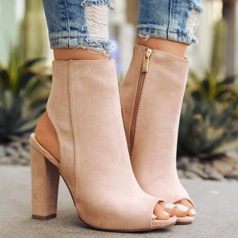 Ankle Boots Faux Suede Leather Casual Open Peep Toe High Heels Zipper Fashion Square Rubber Black Shoes For Women Plus Size 43