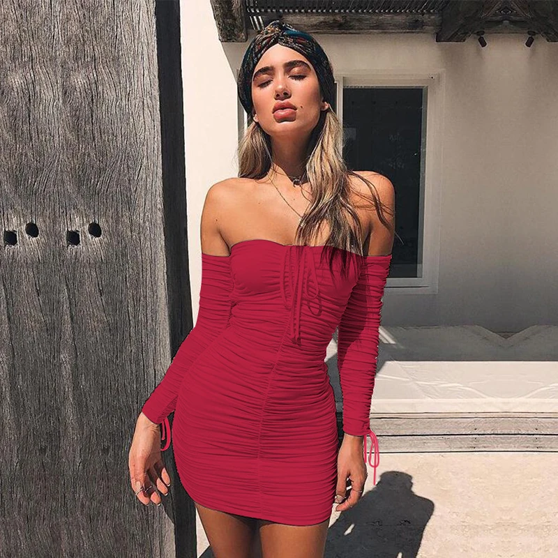 Articat Women Autumn Winter Bandage Dress Women 2020 Sexy Off Shoulder Long Sleeve Slim Elastic Bodycon Party Dresses Vestidos