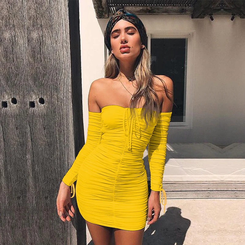 Articat Women Autumn Winter Bandage Dress Women 2020 Sexy Off Shoulder Long Sleeve Slim Elastic Bodycon Party Dresses Vestidos
