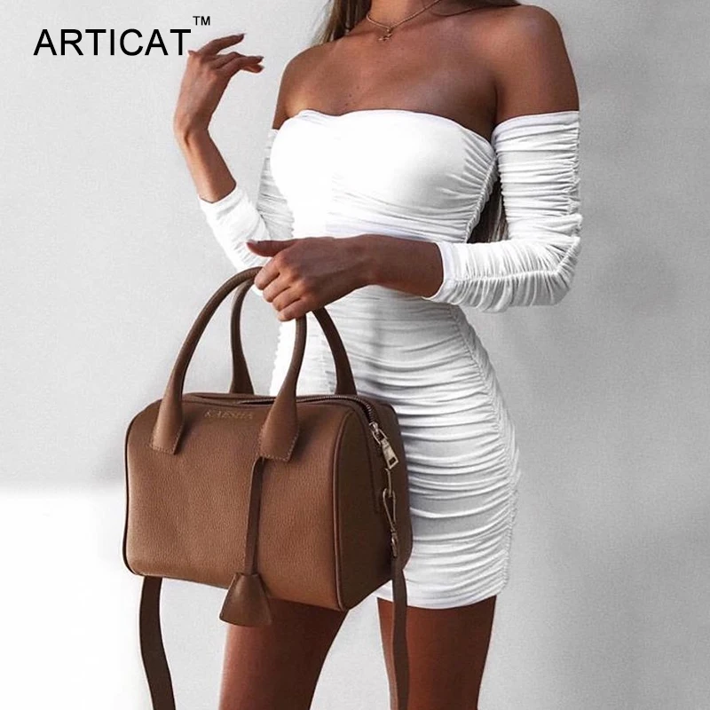 Articat Women Autumn Winter Bandage Dress Women 2020 Sexy Off Shoulder Long Sleeve Slim Elastic Bodycon Party Dresses Vestidos