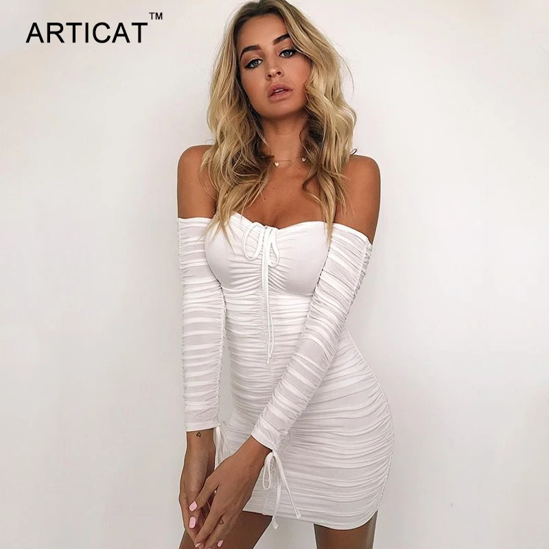 Articat Women Autumn Winter Bandage Dress Women 2020 Sexy Off Shoulder Long Sleeve Slim Elastic Bodycon Party Dresses Vestidos