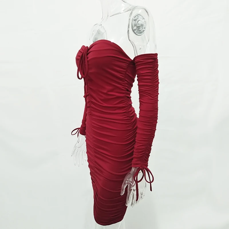 Articat Women Autumn Winter Bandage Dress Women 2020 Sexy Off Shoulder Long Sleeve Slim Elastic Bodycon Party Dresses Vestidos