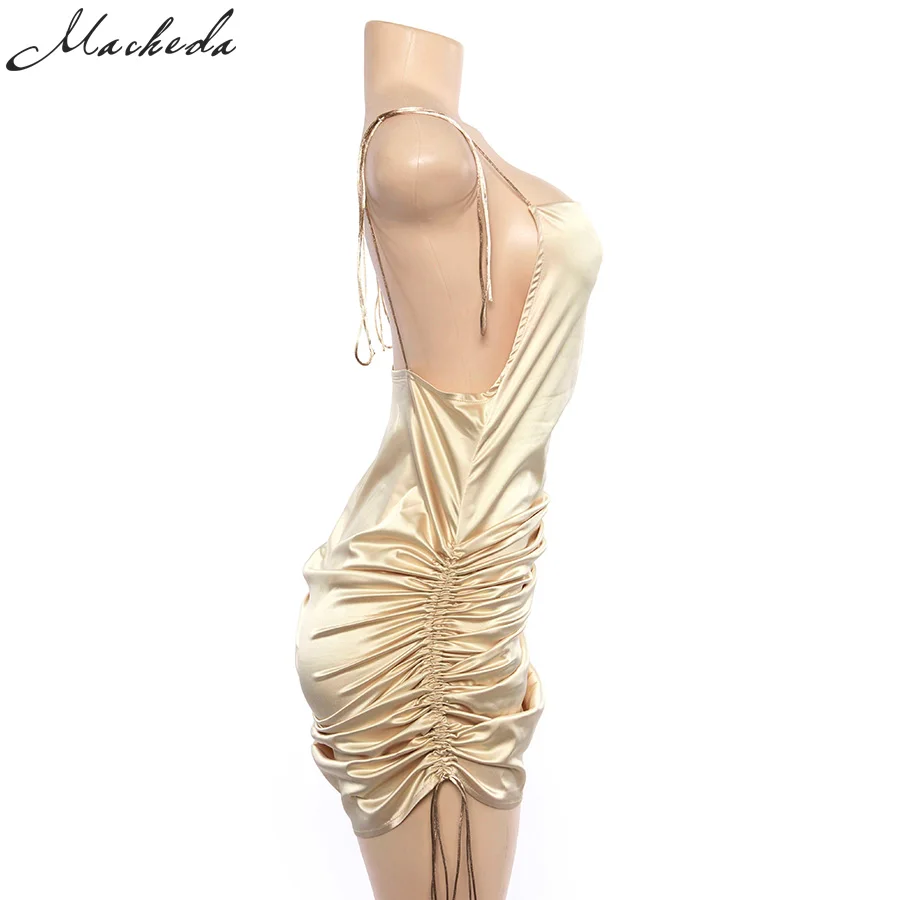 Macheda Fashion Women Solid Spaghetti Straps Backless Sleeveless Sexy Dresses Bottom Length Adjustable Ladies Casual Dress Ne'w