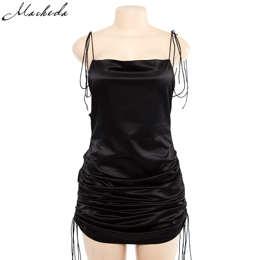 Macheda Fashion Women Solid Spaghetti Straps Backless Sleeveless Sexy Dresses Bottom Length Adjustable Ladies Casual Dress Ne'w