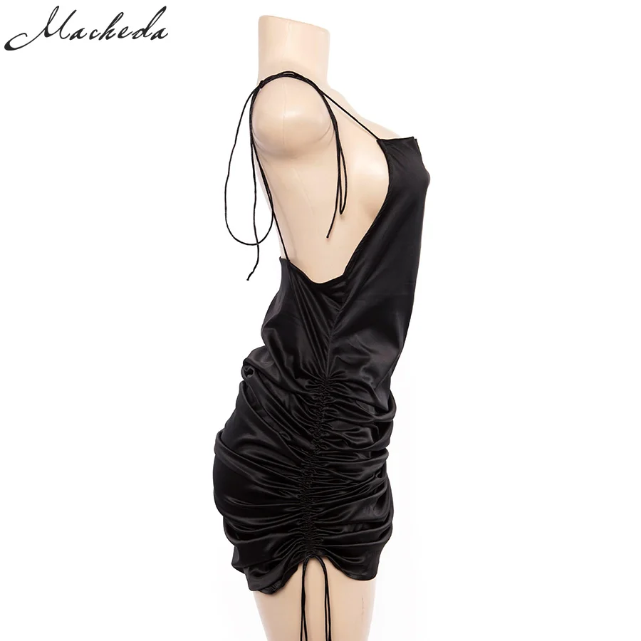 Macheda Fashion Women Solid Spaghetti Straps Backless Sleeveless Sexy Dresses Bottom Length Adjustable Ladies Casual Dress Ne'w