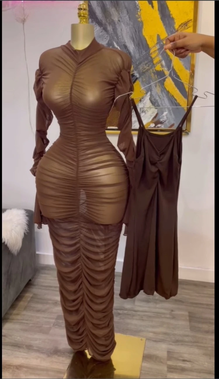 CM.YAYA Women Flare Long Sleeve Stacked Ruched Mesh See Though with Tank Dress Maxi Long Dress 2025 Birthday Sexy Party Dresses