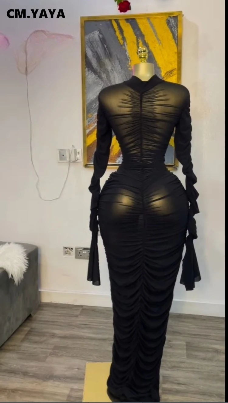 CM.YAYA Women Flare Long Sleeve Stacked Ruched Mesh See Though with Tank Dress Maxi Long Dress 2025 Birthday Sexy Party Dresses CM.YAYA Women Flare Long Sleeve Stacked Ruched Mesh See Though with Tank Dress Maxi Long Dress 2025 Birthday Sexy Party Dresses