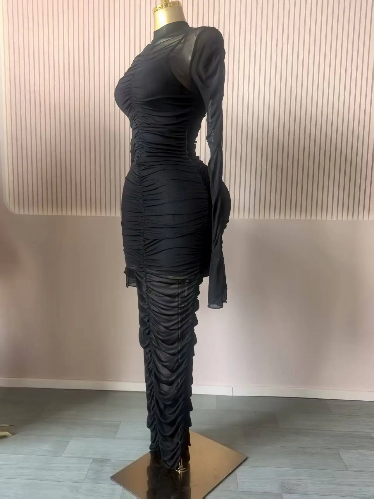 CM.YAYA Women Flare Long Sleeve Stacked Ruched Mesh See Though with Tank Dress Maxi Long Dress 2025 Birthday Sexy Party Dresses