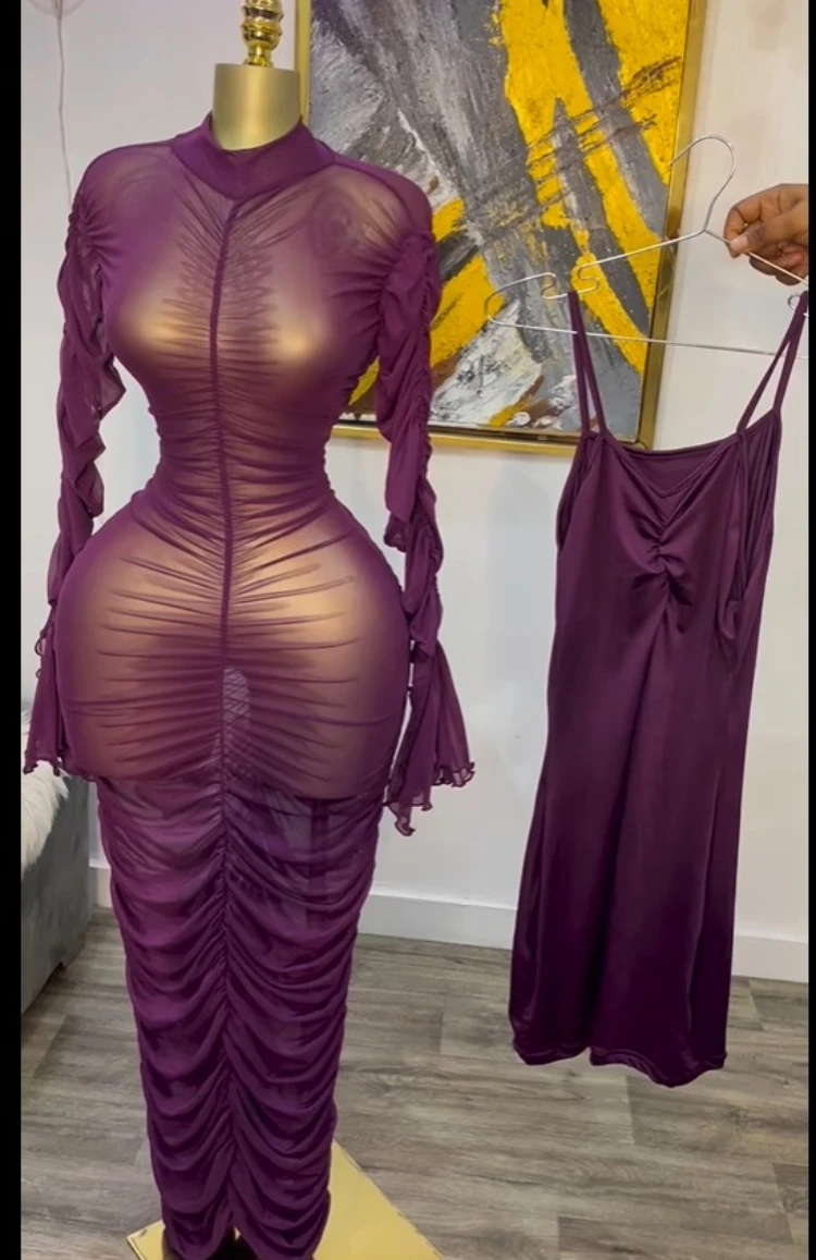 CM.YAYA Women Flare Long Sleeve Stacked Ruched Mesh See Though with Tank Dress Maxi Long Dress 2025 Birthday Sexy Party Dresses