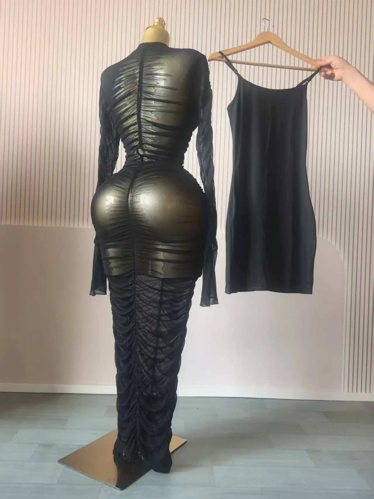 CM.YAYA Women Flare Long Sleeve Stacked Ruched Mesh See Though with Tank Dress Maxi Long Dress 2025 Birthday Sexy Party Dresses