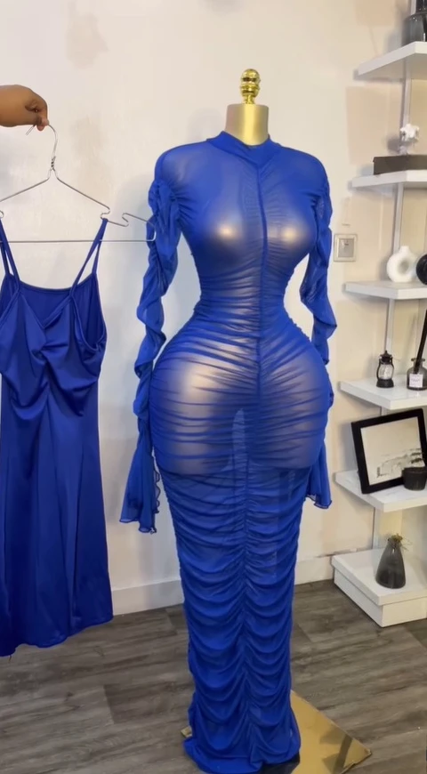 CM.YAYA Women Flare Long Sleeve Stacked Ruched Mesh See Though with Tank Dress Maxi Long Dress 2025 Birthday Sexy Party Dresses