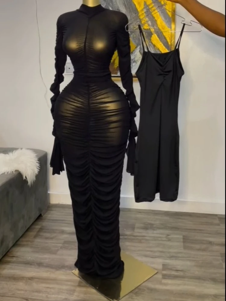 CM.YAYA Women Flare Long Sleeve Stacked Ruched Mesh See Though with Tank Dress Maxi Long Dress 2025 Birthday Sexy Party Dresses