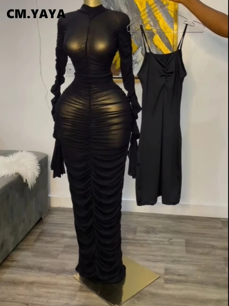 CM.YAYA Women Flare Long Sleeve Stacked Ruched Mesh See Though with Tank Dress Maxi Long Dress 2025 Birthday Sexy Party Dresses CM.YAYA Women Flare Long Sleeve Stacked Ruched Mesh See Though with Tank Dress Maxi Long Dress 2025 Birthday Sexy Party Dresses
