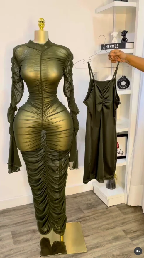 CM.YAYA Women Flare Long Sleeve Stacked Ruched Mesh See Though with Tank Dress Maxi Long Dress 2025 Birthday Sexy Party Dresses