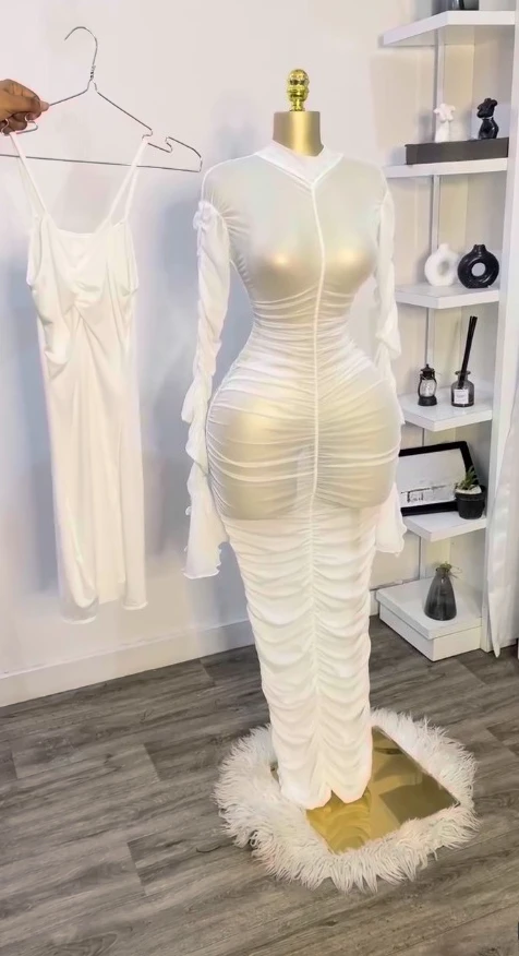 CM.YAYA Women Flare Long Sleeve Stacked Ruched Mesh See Though with Tank Dress Maxi Long Dress 2025 Birthday Sexy Party Dresses CM.YAYA Women Flare Long Sleeve Stacked Ruched Mesh See Though with Tank Dress Maxi Long Dress 2025 Birthday Sexy Party Dresses