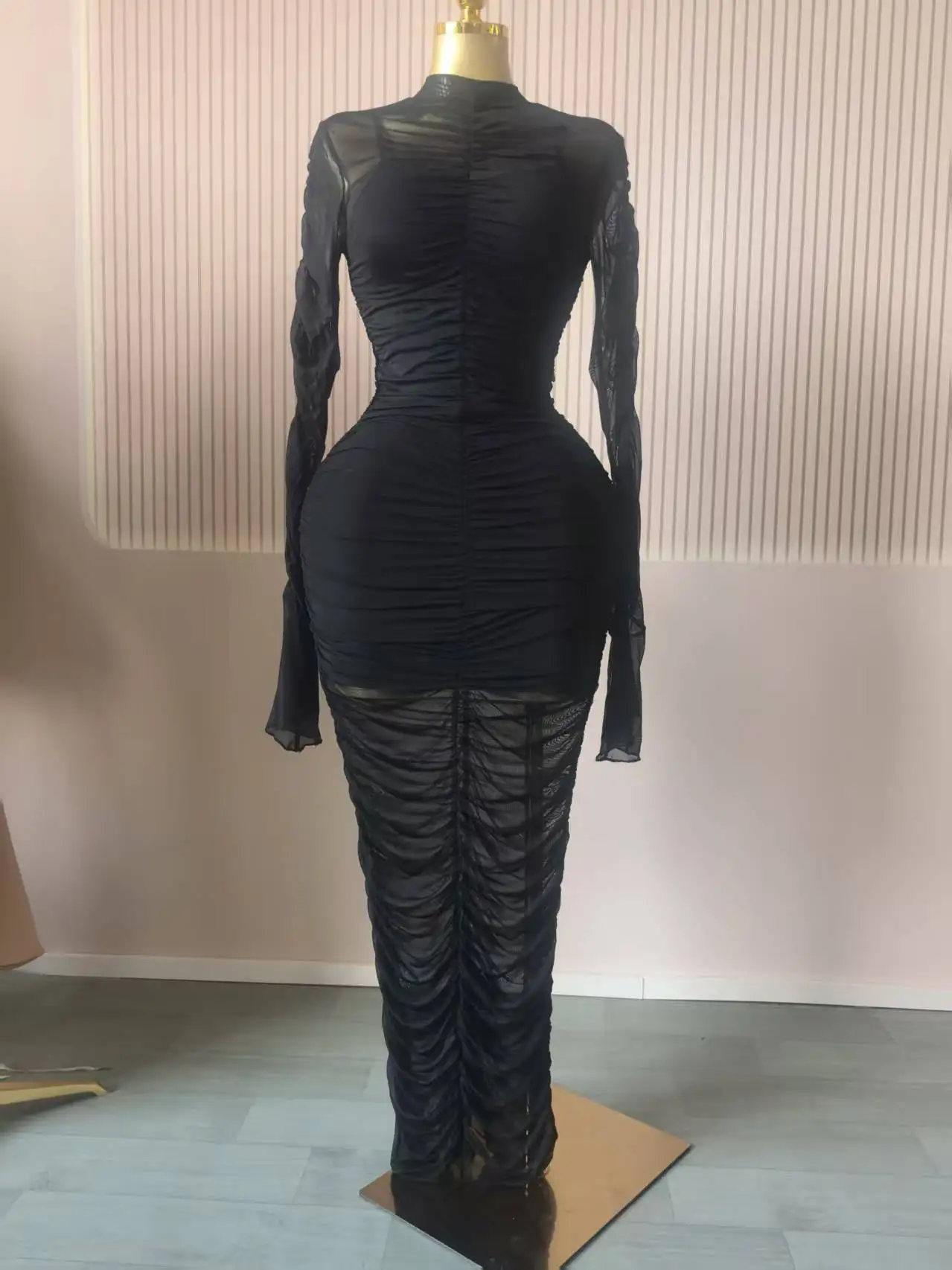 CM.YAYA Women Flare Long Sleeve Stacked Ruched Mesh See Though with Tank Dress Maxi Long Dress 2025 Birthday Sexy Party Dresses