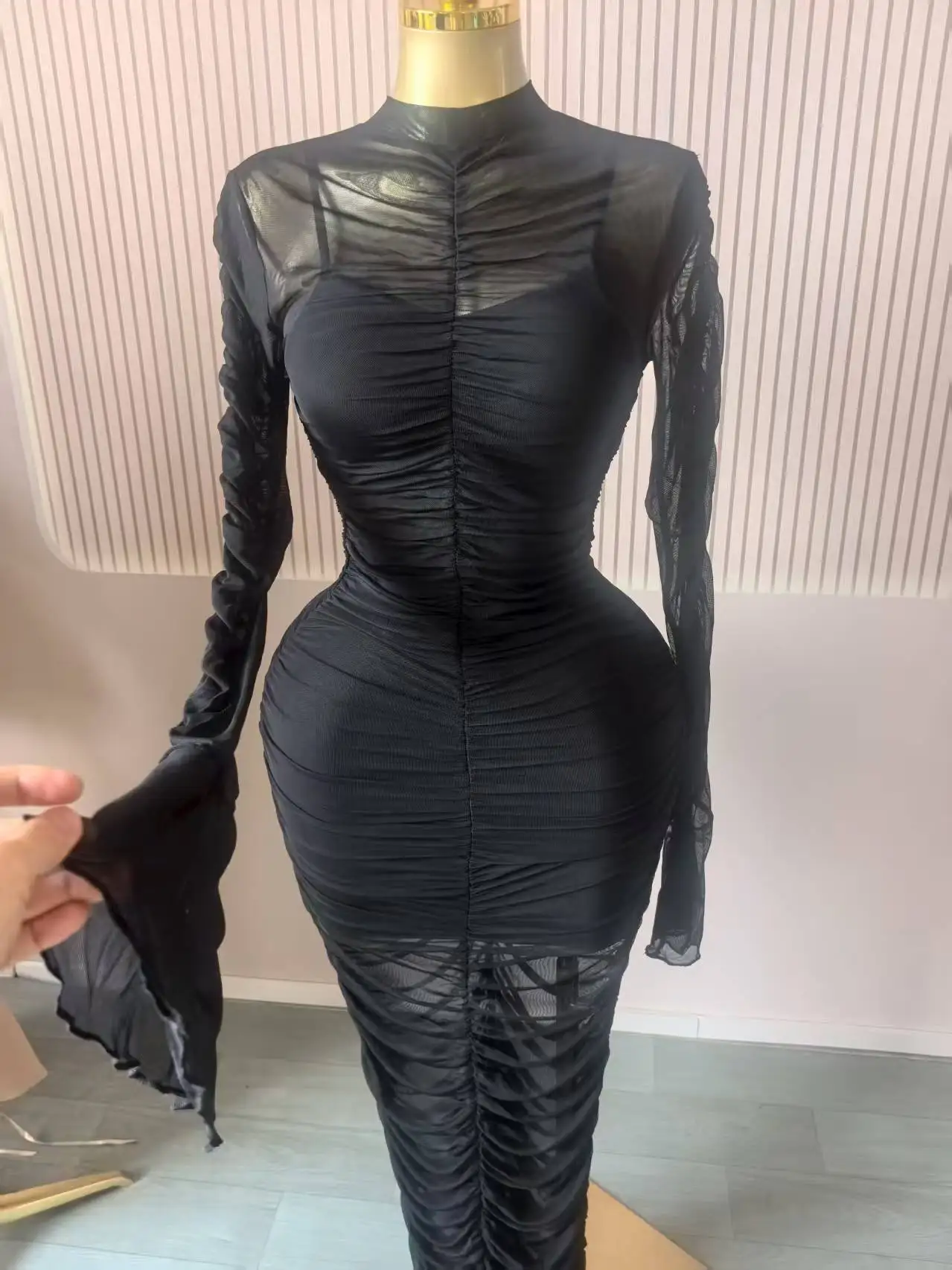 CM.YAYA Women Flare Long Sleeve Stacked Ruched Mesh See Though with Tank Dress Maxi Long Dress 2025 Birthday Sexy Party Dresses