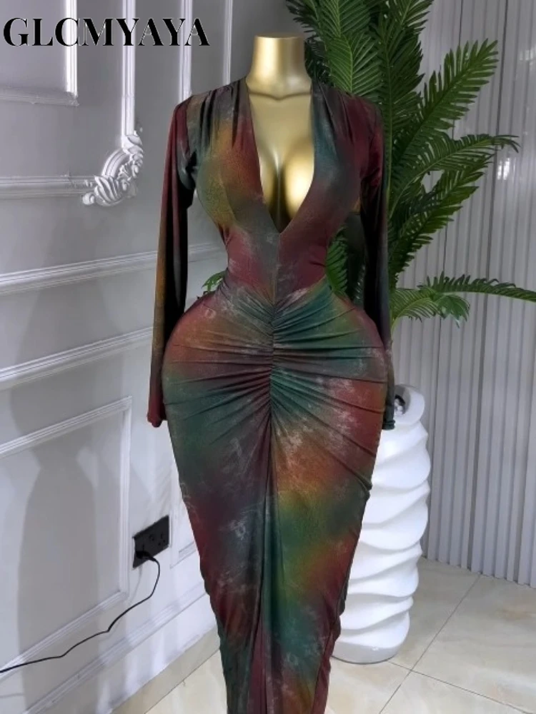 GLCMYAYA Women Printed Deep V-neck Stacked Ruched Bodycon Midi Maxi Dress 2026 Birthday Holiday Party Trendy Dresses Vestidos GLCMYAYA Women Printed Deep V-neck Stacked Ruched Bodycon Midi Maxi Dress 2026 Birthday Holiday Party Trendy Dresses Vestidos