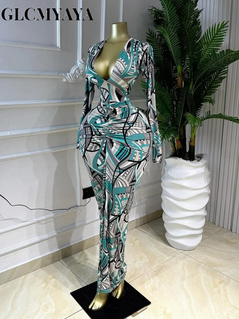 GLCMYAYA Women Printed Deep V-neck Stacked Ruched Bodycon Midi Maxi Dress 2026 Birthday Holiday Party Trendy Dresses Vestidos GLCMYAYA Women Printed Deep V-neck Stacked Ruched Bodycon Midi Maxi Dress 2026 Birthday Holiday Party Trendy Dresses Vestidos