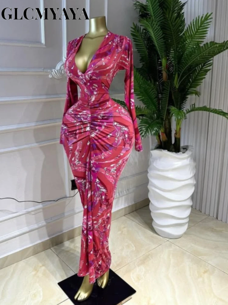 GLCMYAYA Women Printed Deep V-neck Stacked Ruched Bodycon Midi Maxi Dress 2026 Birthday Holiday Party Trendy Dresses Vestidos GLCMYAYA Women Printed Deep V-neck Stacked Ruched Bodycon Midi Maxi Dress 2026 Birthday Holiday Party Trendy Dresses Vestidos