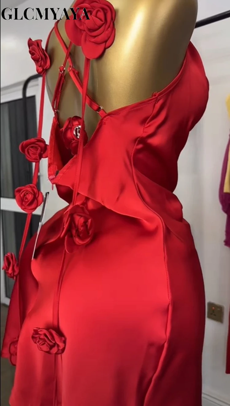 CM.YAYA Women Floral Applique Sleeveless Strap Midi A-line Dress 2025 Summer Holiday Birthday Sexy Club Party Evening Dresses