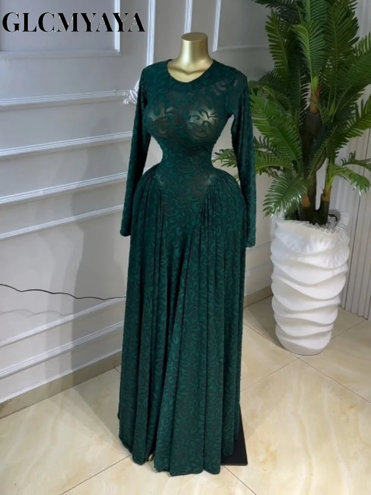 CM.YAYA Women Lace Up O-neck Long Sleeve Big Swing A-line Maxi Dress 2026 Sexy Parties Education Vacation Long Dresses Vestidos