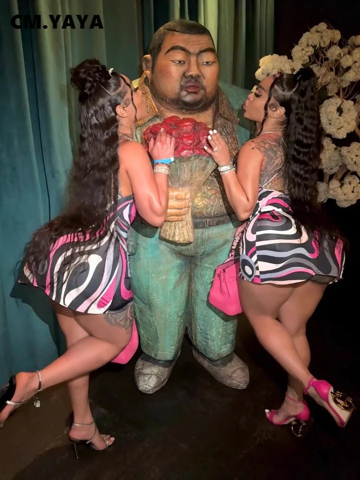 CM.YAYA Women Sleeveless Striped Printed Backless Smock Dress 2025 Vacation Strapless Birthday Summer Party Dresses Vestidos