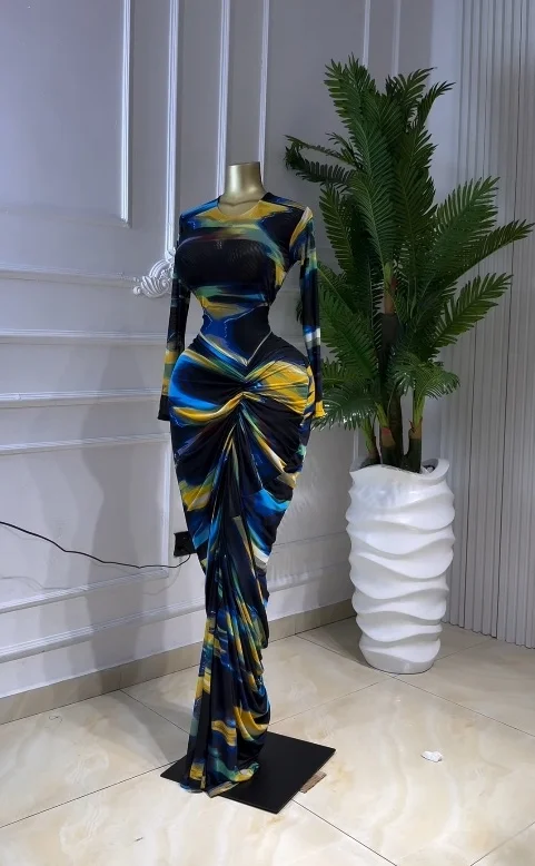 GLCMYAYA Women Tie Dye Printed Ruched Stacked Long Sleeve Bodycon Midi Maxi Dress 2026 Beach Sexy Vacation Long Dresses Vestidos