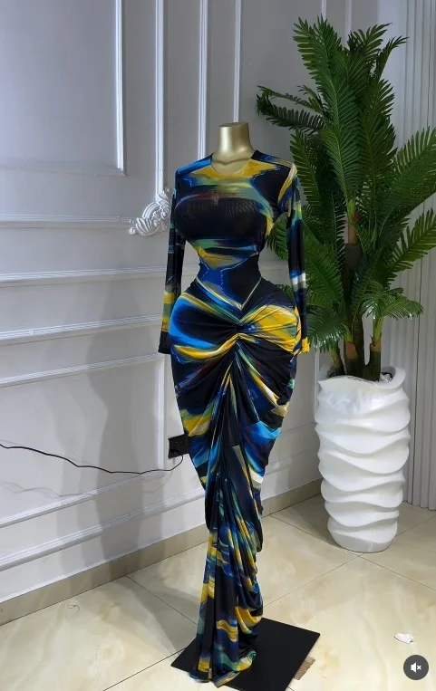 GLCMYAYA Women Tie Dye Printed Ruched Stacked Long Sleeve Bodycon Midi Maxi Dress 2026 Beach Sexy Vacation Long Dresses Vestidos