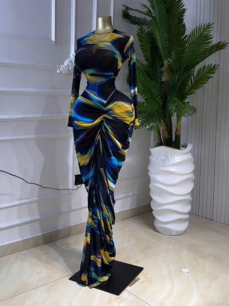 GLCMYAYA Women Tie Dye Printed Ruched Stacked Long Sleeve Bodycon Midi Maxi Dress 2026 Beach Sexy Vacation Long Dresses Vestidos