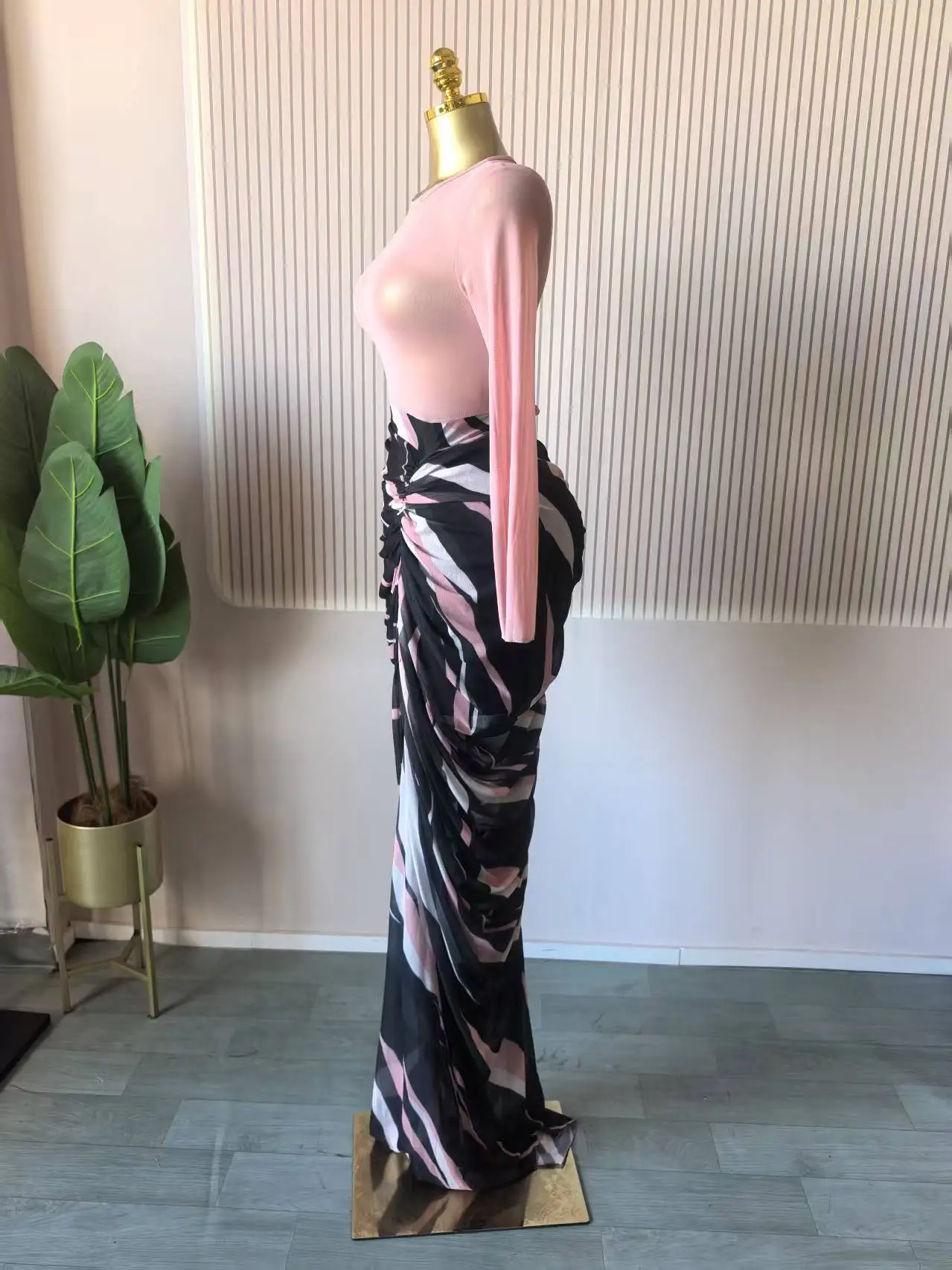 CM.YAYA Women Tie Dye Striped Patchwork Stacked Ruched Bodycon Midi Maxi Long Dress Fall Winter Education Vacation Prom Dresses