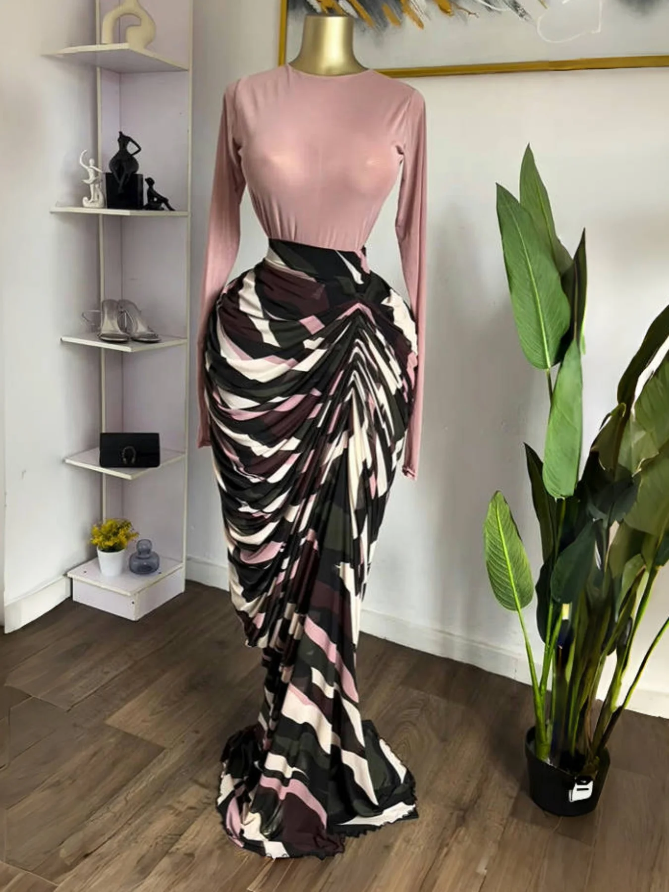 CM.YAYA Women Tie Dye Striped Patchwork Stacked Ruched Bodycon Midi Maxi Long Dress Fall Winter Education Vacation Prom Dresses CM.YAYA Women Tie Dye Striped Patchwork Stacked Ruched Bodycon Midi Maxi Long Dress Fall Winter Education Vacation Prom Dresses