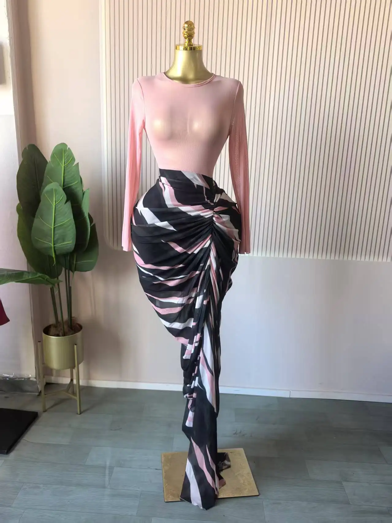 CM.YAYA Women Tie Dye Striped Patchwork Stacked Ruched Bodycon Midi Maxi Long Dress Fall Winter Education Vacation Prom Dresses