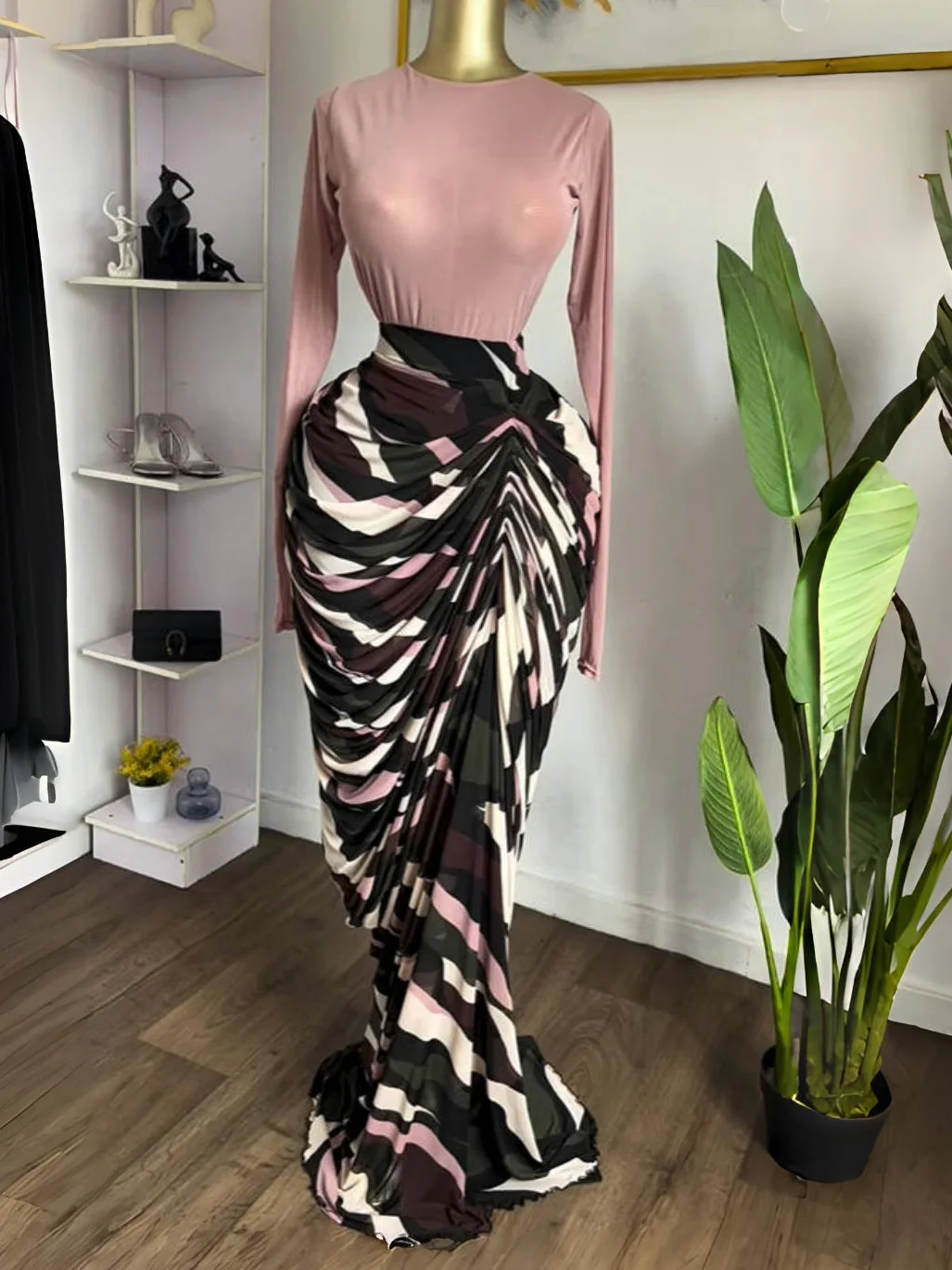 CM.YAYA Women Tie Dye Striped Patchwork Stacked Ruched Bodycon Midi Maxi Long Dress Fall Winter Education Vacation Prom Dresses