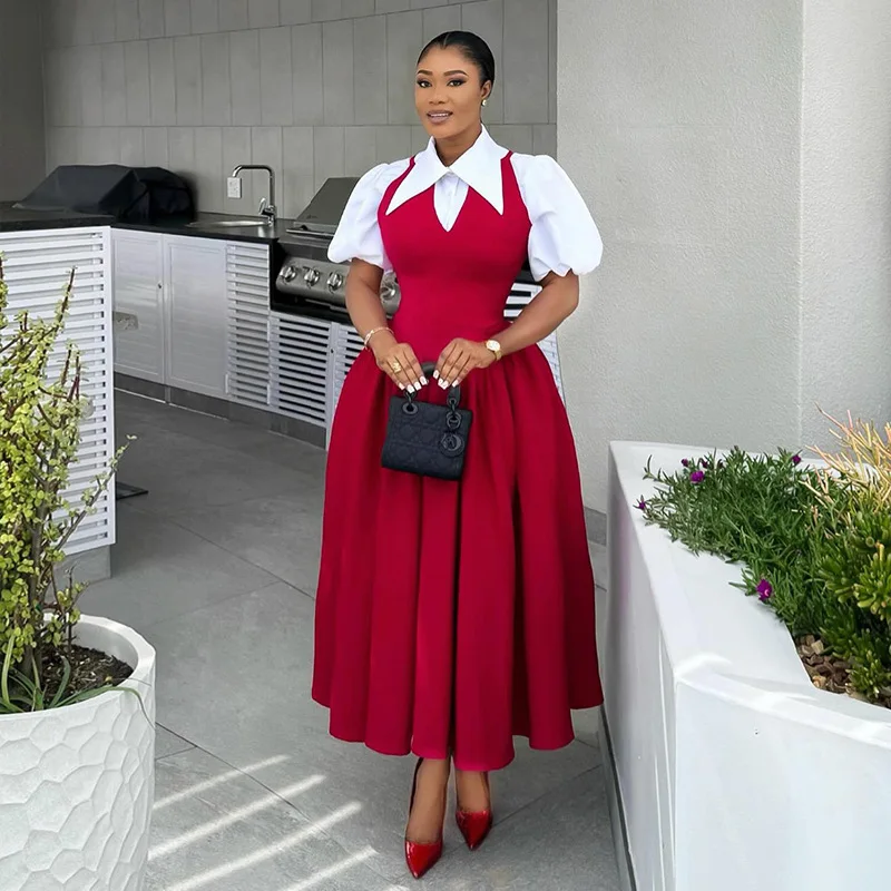 CM.YAYA Short Puff Sleeve Sweet Slim Long Women Shirt Dress High Waist Ruched Pleated Beach Streetwear Maxi Big Swing Dresses