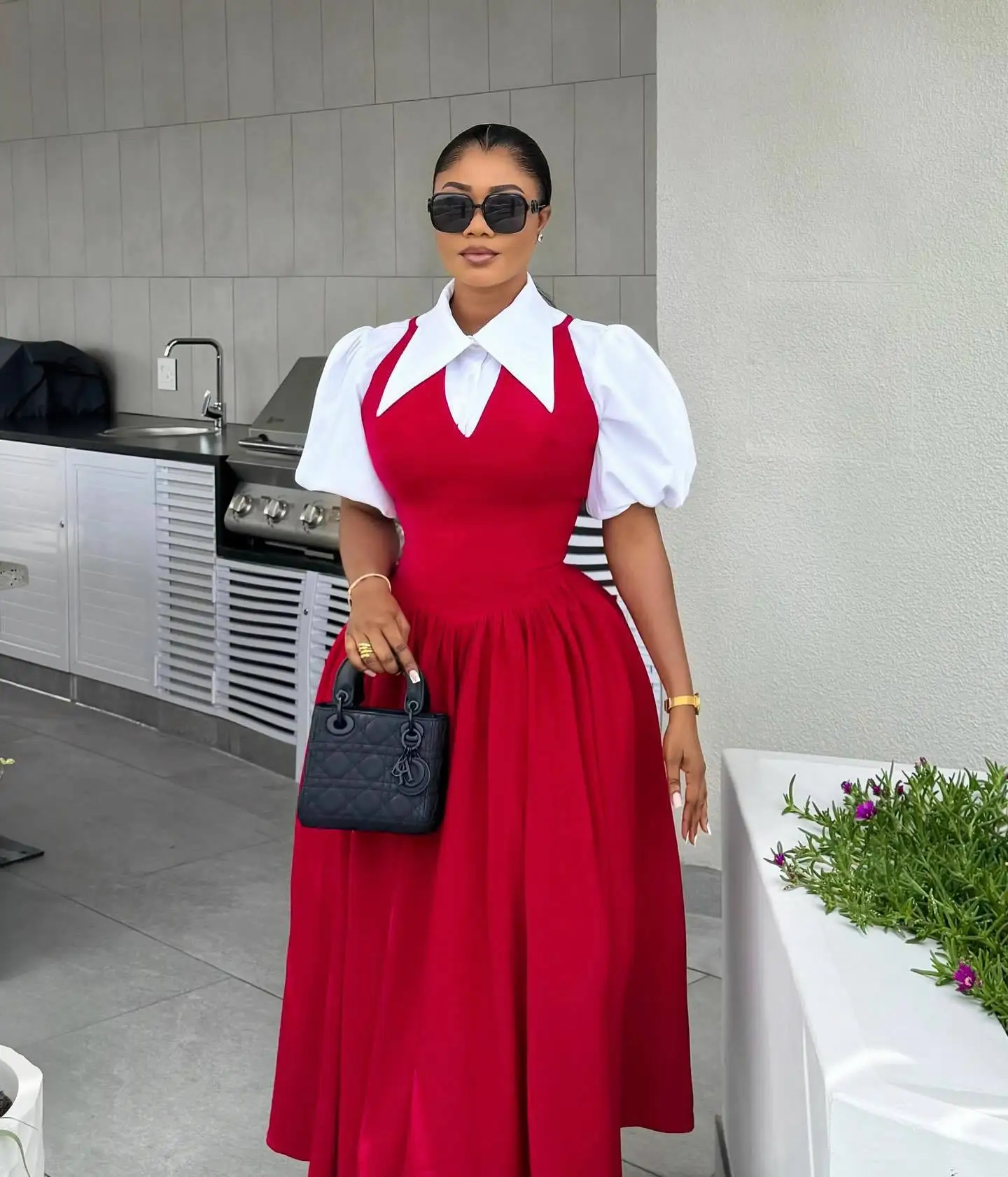 CM.YAYA Short Puff Sleeve Sweet Slim Long Women Shirt Dress High Waist Ruched Pleated Beach Streetwear Maxi Big Swing Dresses