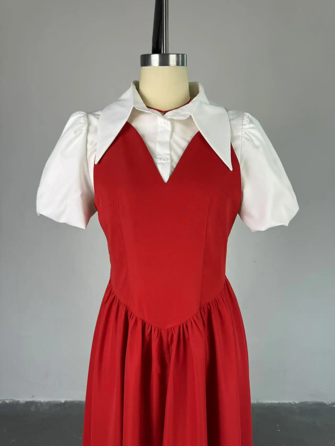 CM.YAYA Short Puff Sleeve Sweet Slim Long Women Shirt Dress High Waist Ruched Pleated Beach Streetwear Maxi Big Swing Dresses