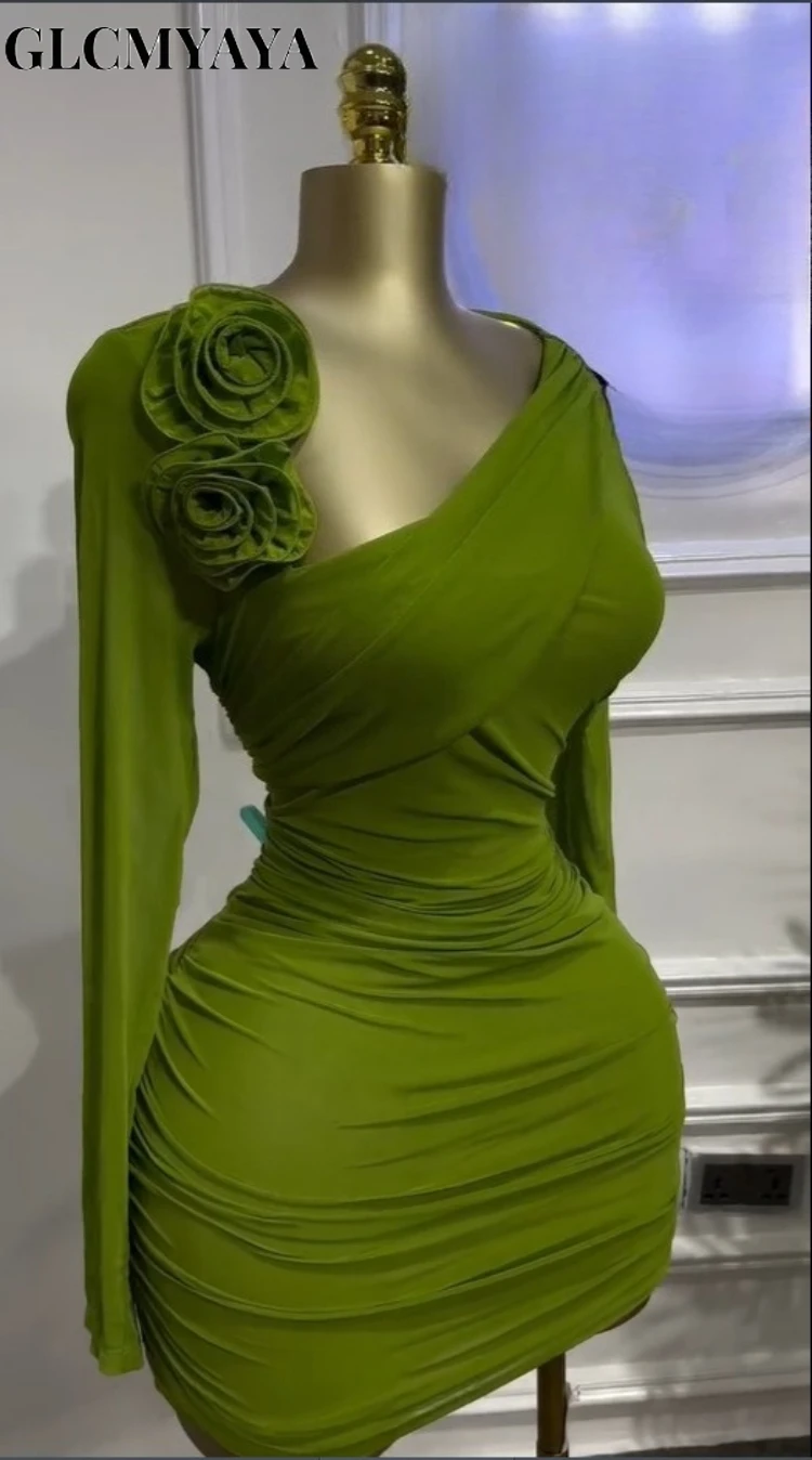 GLCMYAYA Women Long Sleeve Floral Applique Skew Collar Stacked Ruched Bodycon Midi Dress Vacation Holiday Party Birthday Dresses