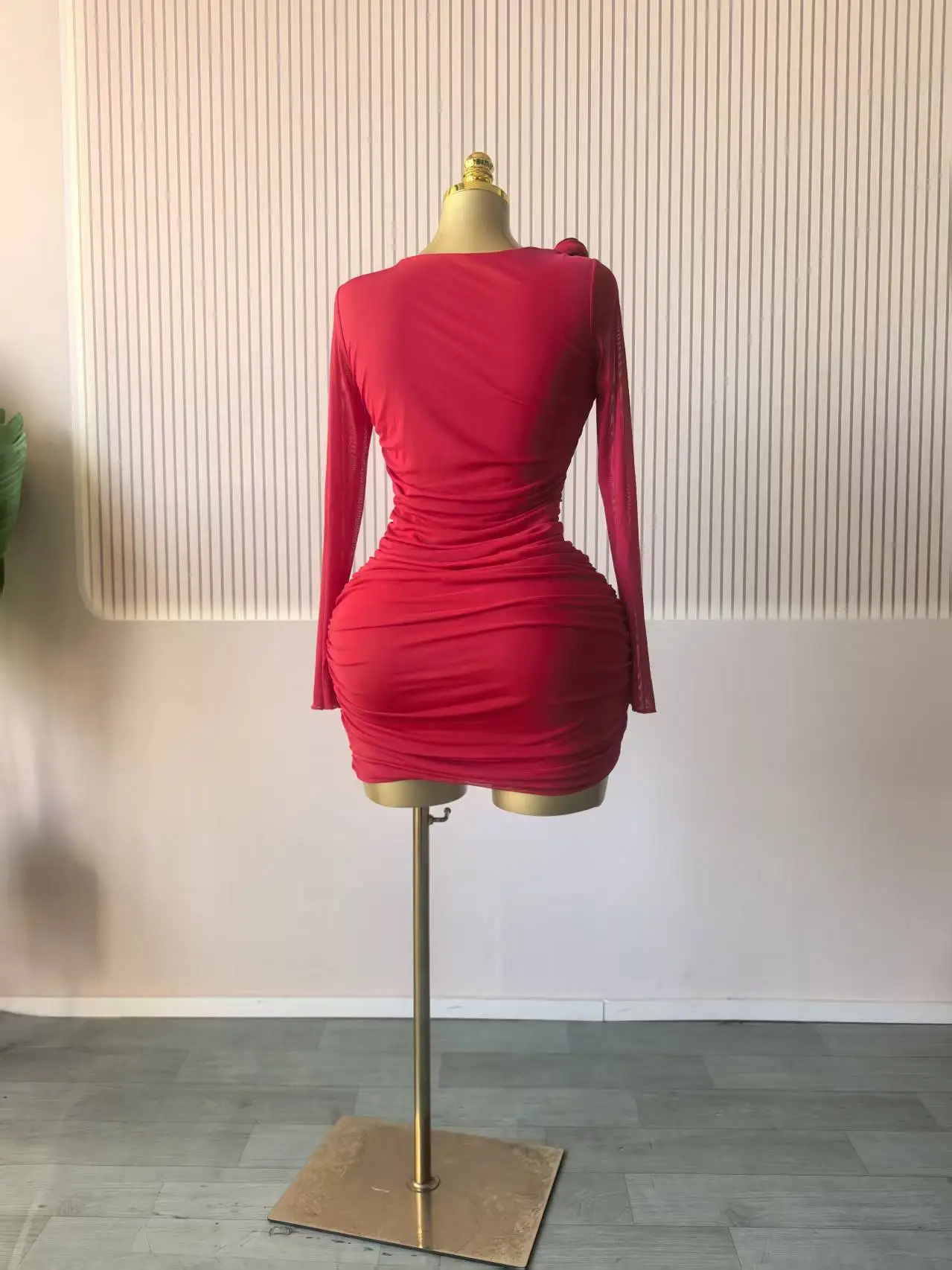 GLCMYAYA Women Long Sleeve Floral Applique Skew Collar Stacked Ruched Bodycon Midi Dress Vacation Holiday Party Birthday Dresses