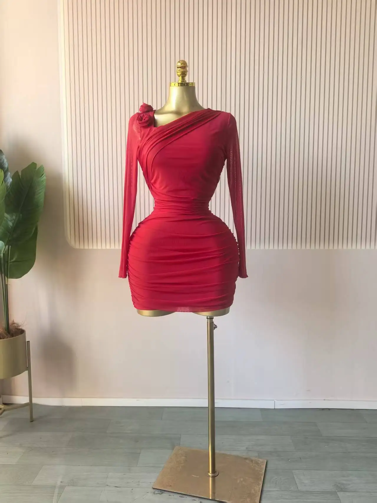 GLCMYAYA Women Long Sleeve Floral Applique Skew Collar Stacked Ruched Bodycon Midi Dress Vacation Holiday Party Birthday Dresses