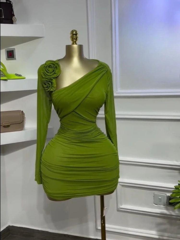 GLCMYAYA Women Long Sleeve Floral Applique Skew Collar Stacked Ruched Bodycon Midi Dress Vacation Holiday Party Birthday Dresses