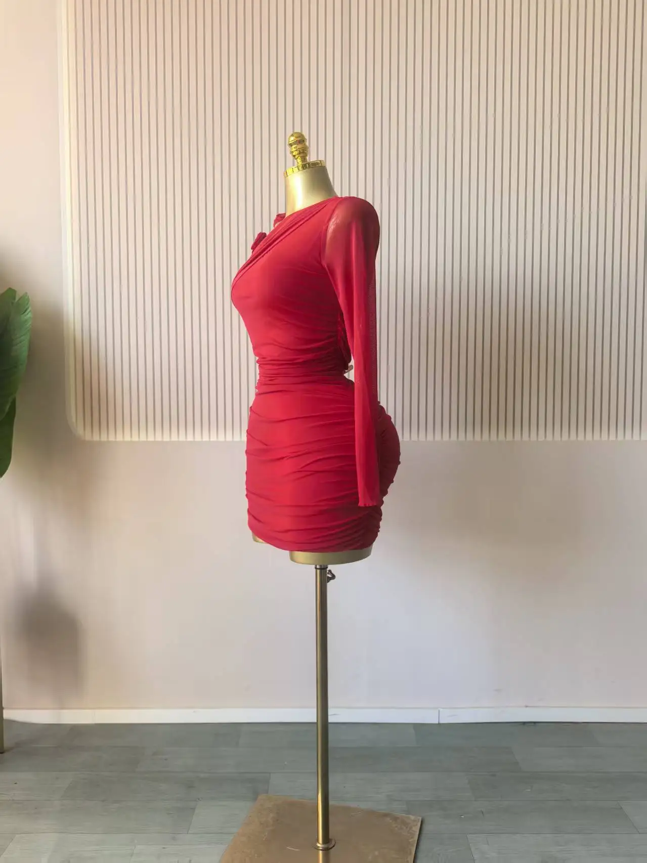 GLCMYAYA Women Long Sleeve Floral Applique Skew Collar Stacked Ruched Bodycon Midi Dress Vacation Holiday Party Birthday Dresses