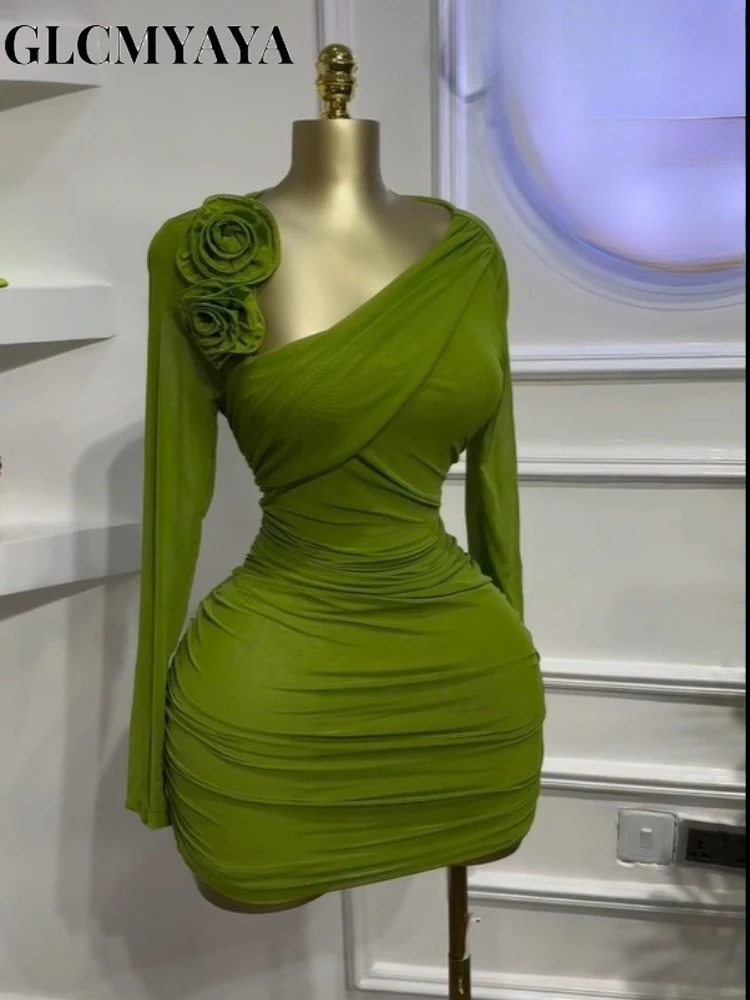 GLCMYAYA Women Long Sleeve Floral Applique Skew Collar Stacked Ruched Bodycon Midi Dress Vacation Holiday Party Birthday Dresses